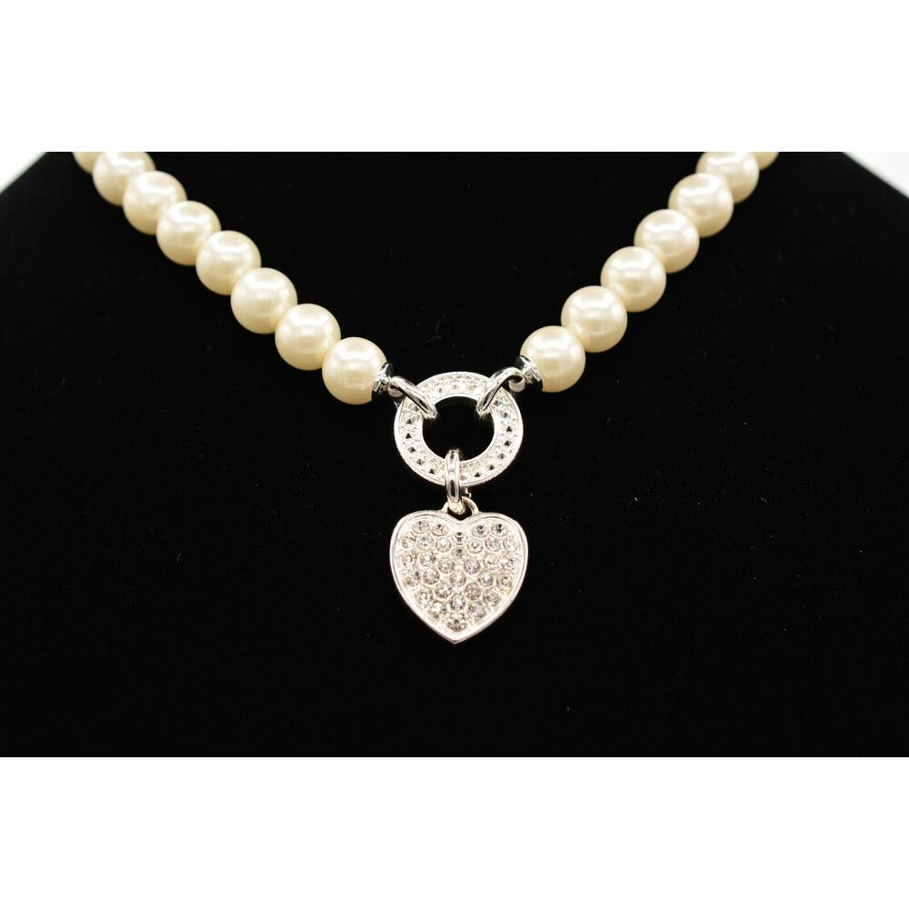 NVC Vintage Heart Necklace Collar Pendant Pearl Rhinestone Crystal Signed Bin3D